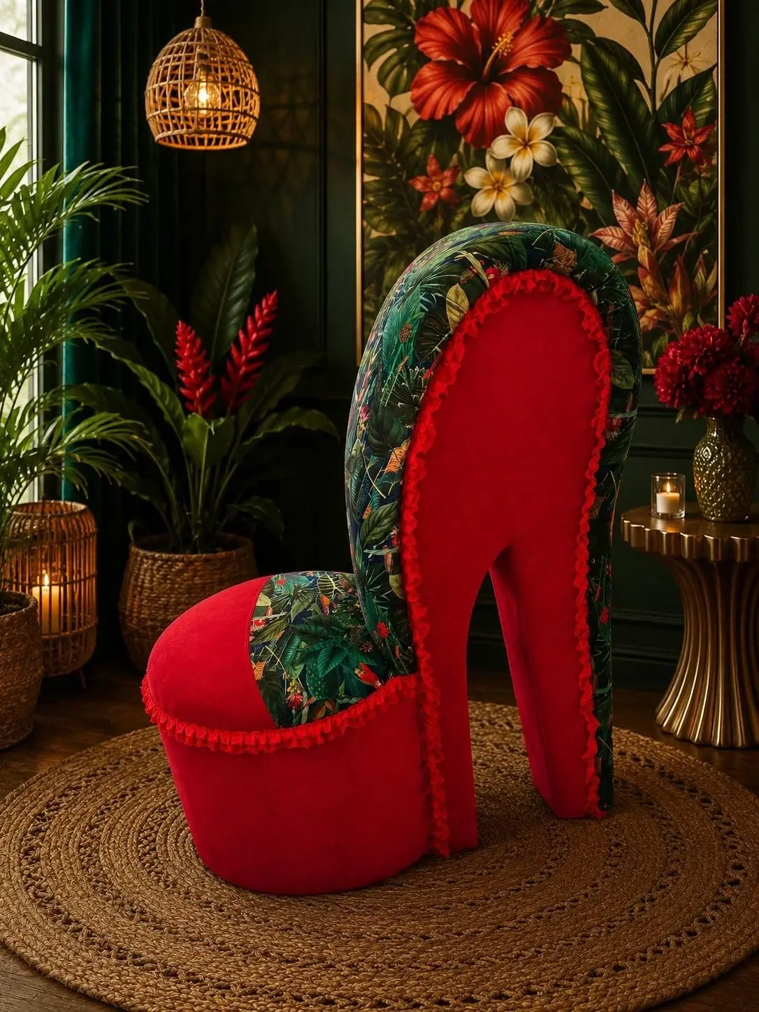 tropical-ruby-red-plush-jungle-print-stiletto-high-heel-chair-exotic-glam