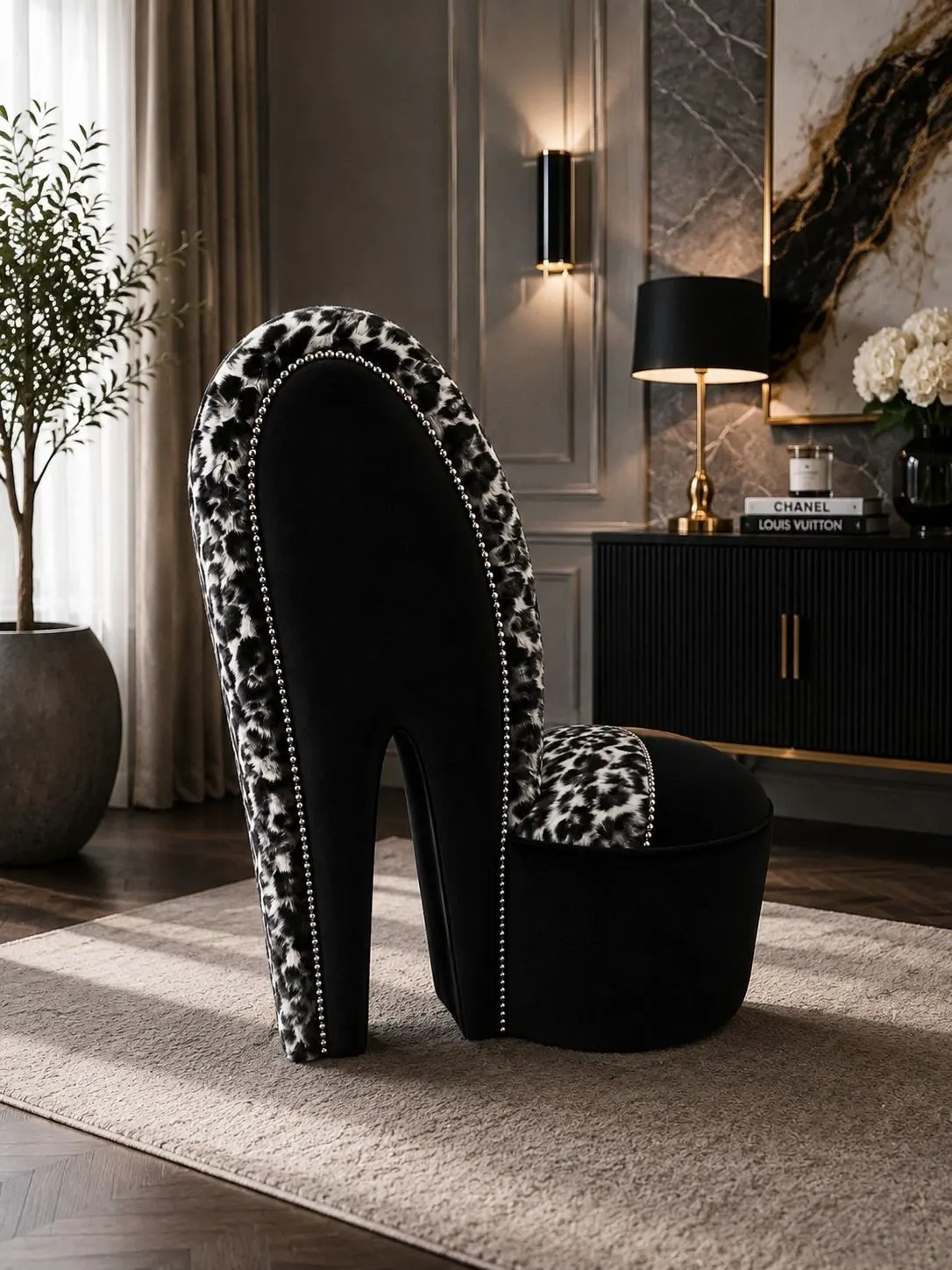 luxury-black-plush-snow-leopard-print-high-heel-shoe-chair-glam-statement