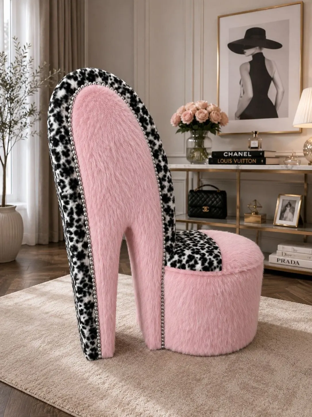 baby-pink-fur-snow-leopard-print-high-heel-shoe-chair-glam-statement