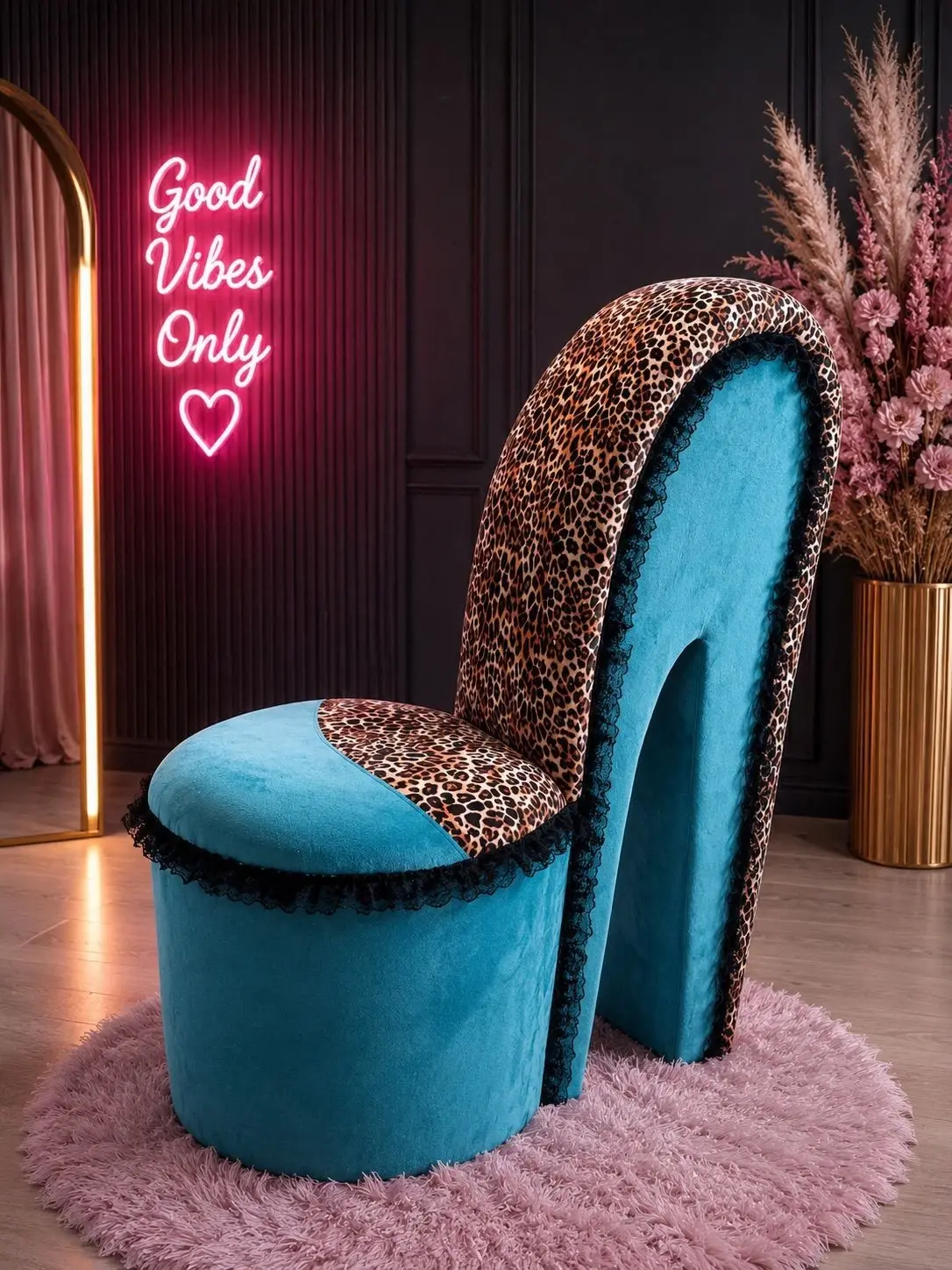 teal-leopard-print-high-heel-shoe-chair-with-black-lace-trim-luxury-stiletto