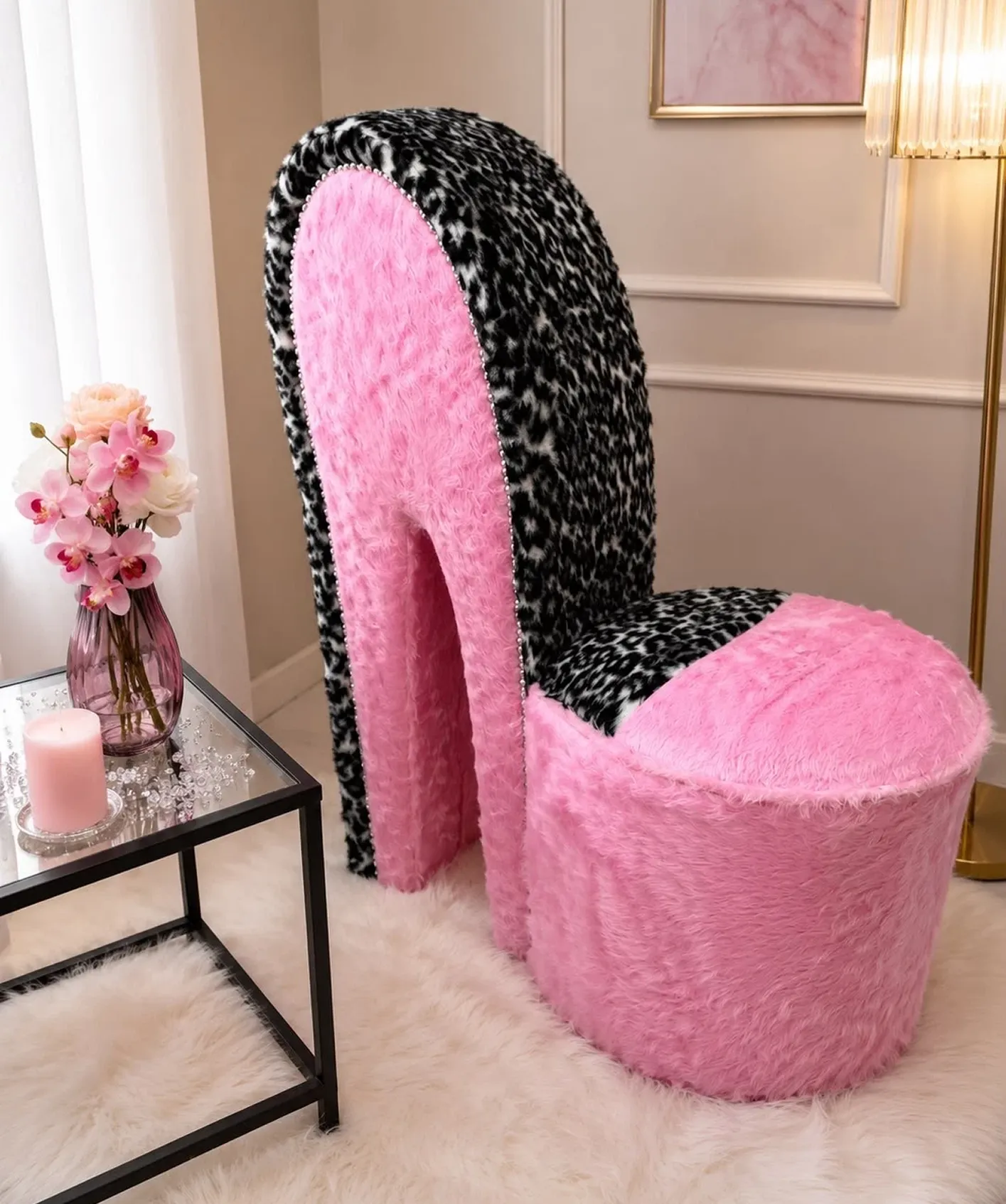 luxury-baby-pink-plush-snow-leopard-high-heel-shoe-chair-glam-accen