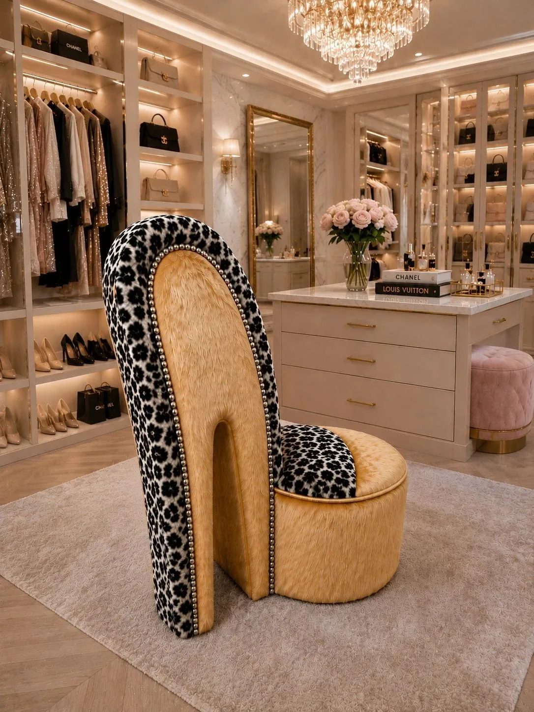 luxury-gold-fur-snow-leopard-print-high-heel-shoe-chair-glam-statement