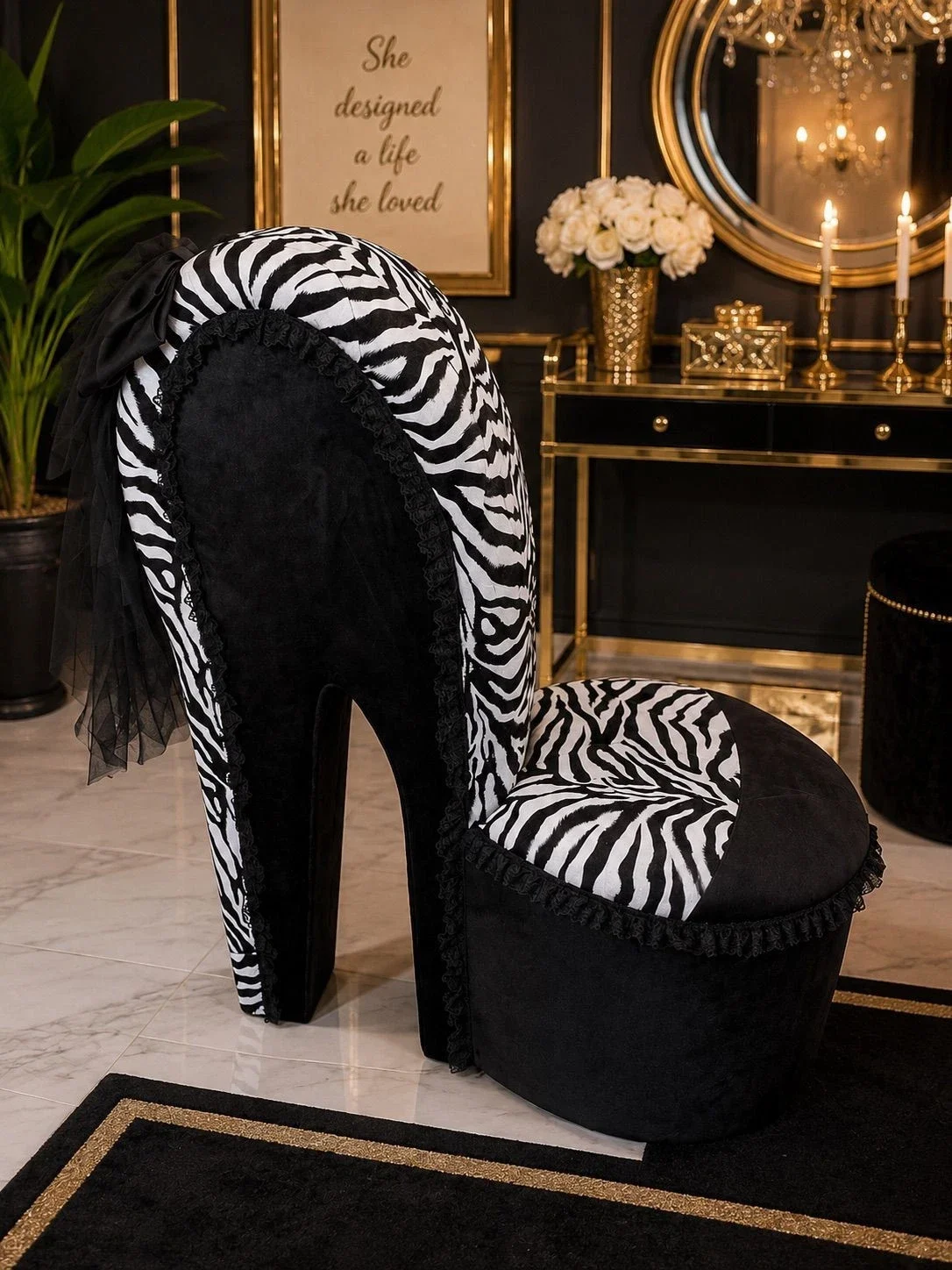 luxury-black-zebra-print-high-heel-shoe-chair-with-lace-bow-glam-statement-2